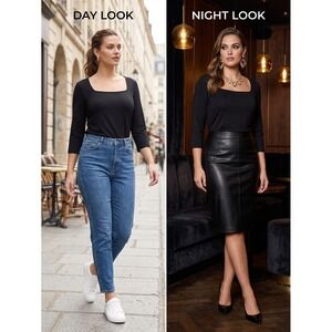 Adrienne Vittadini Womens Black Square Neck 3/4 Sleeve Knit Top Size M